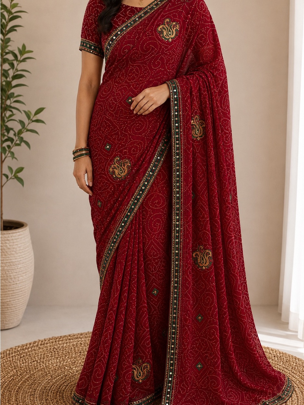 Red Bandhani Sari Set Matching Blouse & Petticoat Skirt Indian Traditional